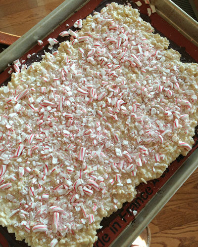 peppermint bark on cookie sheet