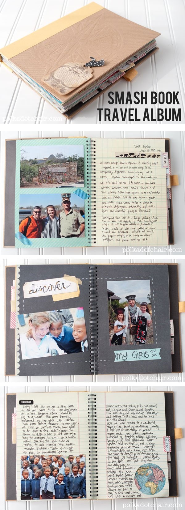 Ideas for using a Smash book to keep a travel journal and scrapbook of your vacation. Lots of fun page ideas!