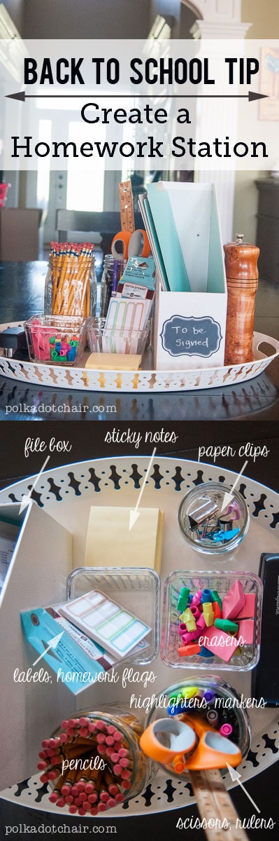 Make homework time easier by creating this moveable "Homework Station" on your kitchen table. Includes all the things kids might need when they are doing their homework.