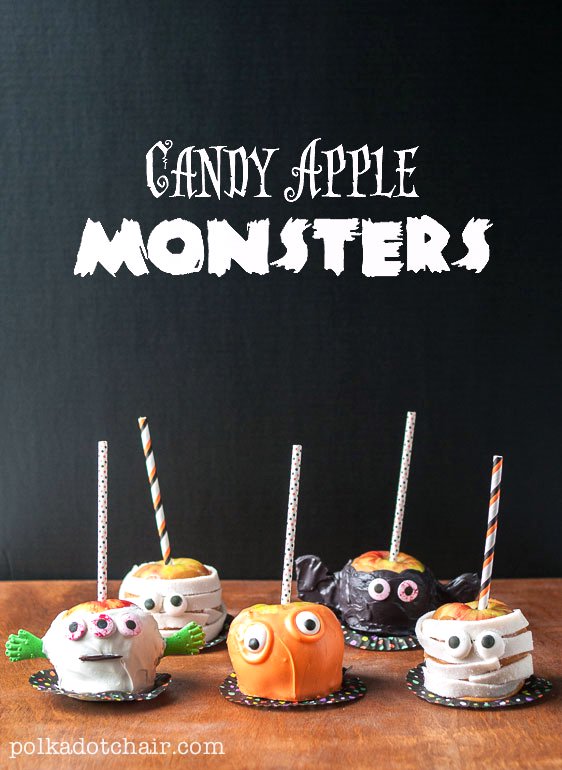 Recipe for Caramel Apples decorated like monsters, so cute! Great idea Halloween food to serve. 