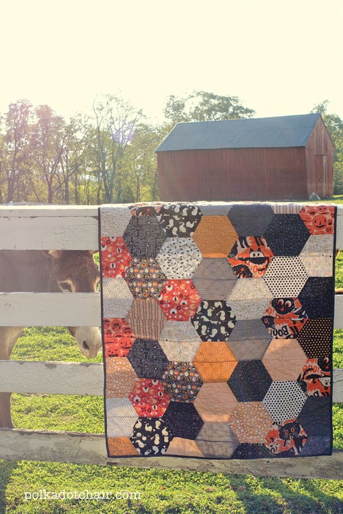 Halloween Quilt on fence with barn and donkey