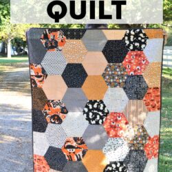 sewn hexagon quilt being held by person outdoors