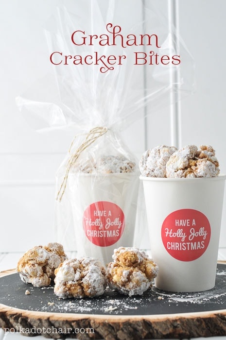 Recipe for Graham Cracker Bites and a Free Printable "Have a Holly Jolly" Christmas Stickers, just print and stick to plain white paper cups for a simple way to package Christmas Sweets!