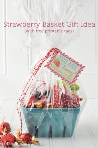 Strawberry Gift Basket Idea and free printable tags on polkadotchair.com
