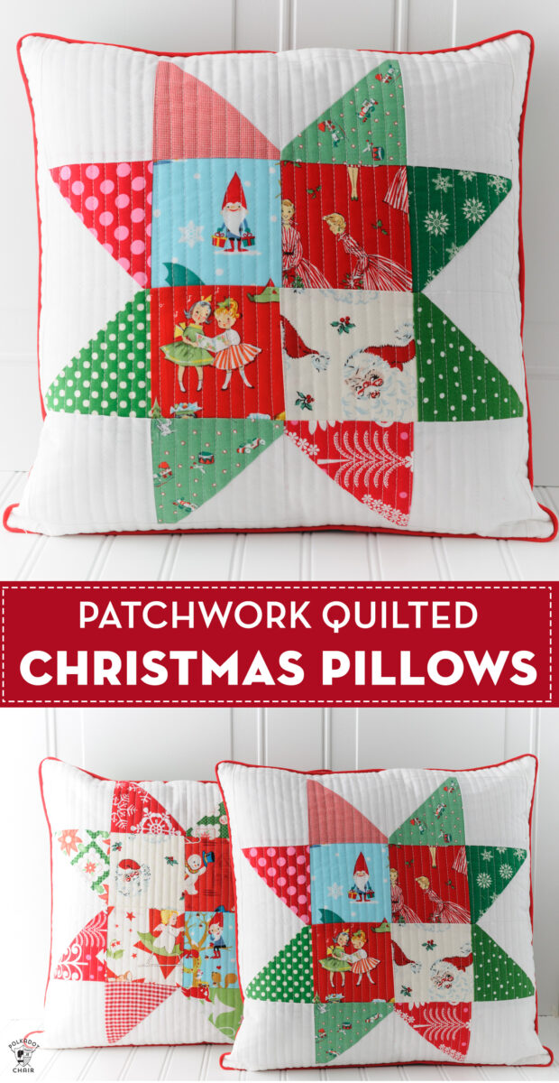 Patchwork Christmas pillows on white table