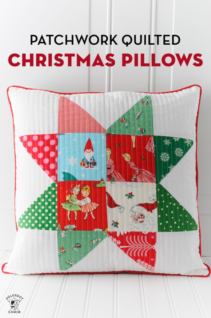 Patchwork Christmas pillows on white table