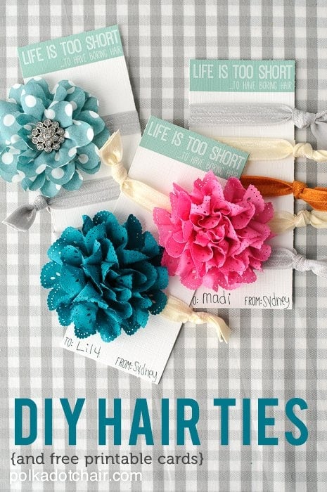 DIY Hair Tie Gift Idea & free printable "Life is too short to have boring hair" gift cards