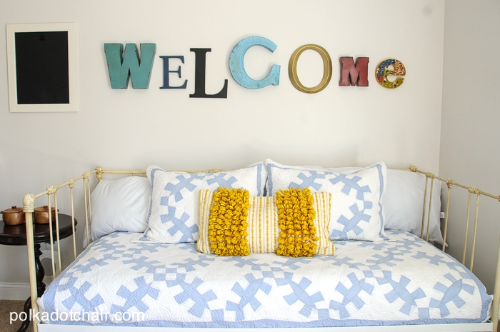 Navy + Gold Guest Bedroom Decorating Ideas on polkadotchair.com