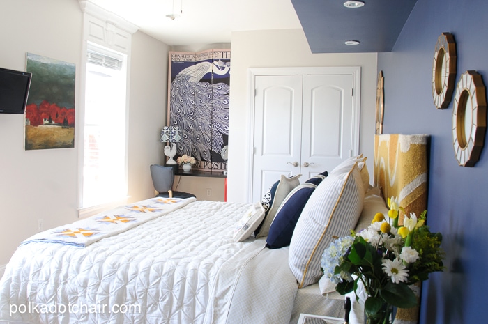 Navy + Gold Guest Bedroom Decorating Ideas on polkadotchair.com