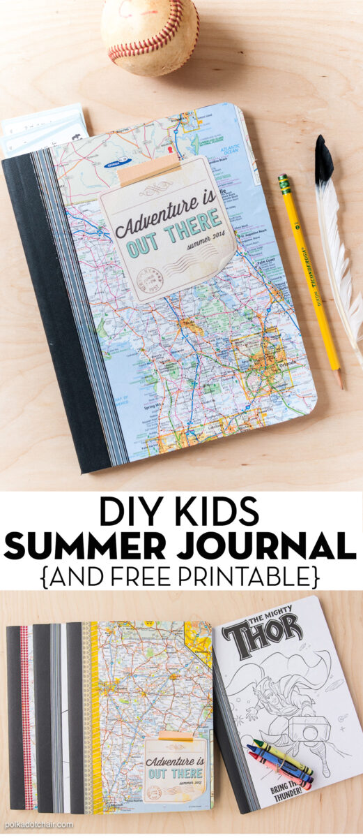 kids composition notebook with map cover on wood table