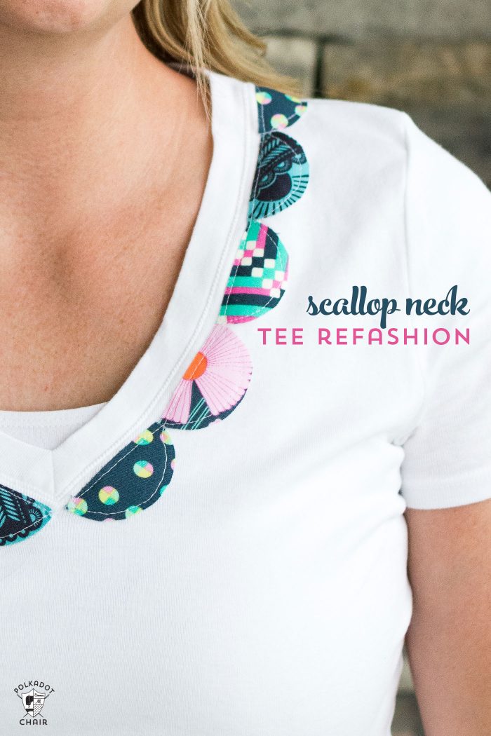 Dress up a simple white t-shirt with a bit of fabric using this DIY scallop neck t-shirt refashion DIY