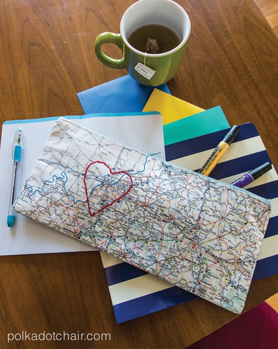 Laminated Map Zippered Heart Pouch