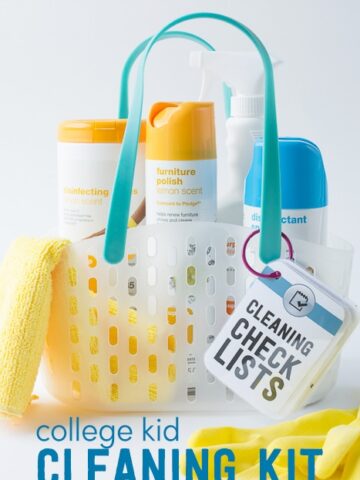 Cleaning Kit for a kid off to College: Complete with free printable cleaning check lists!