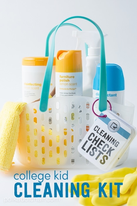 Cleaning Kit for a kid off to College: Complete with free printable cleaning check lists!
