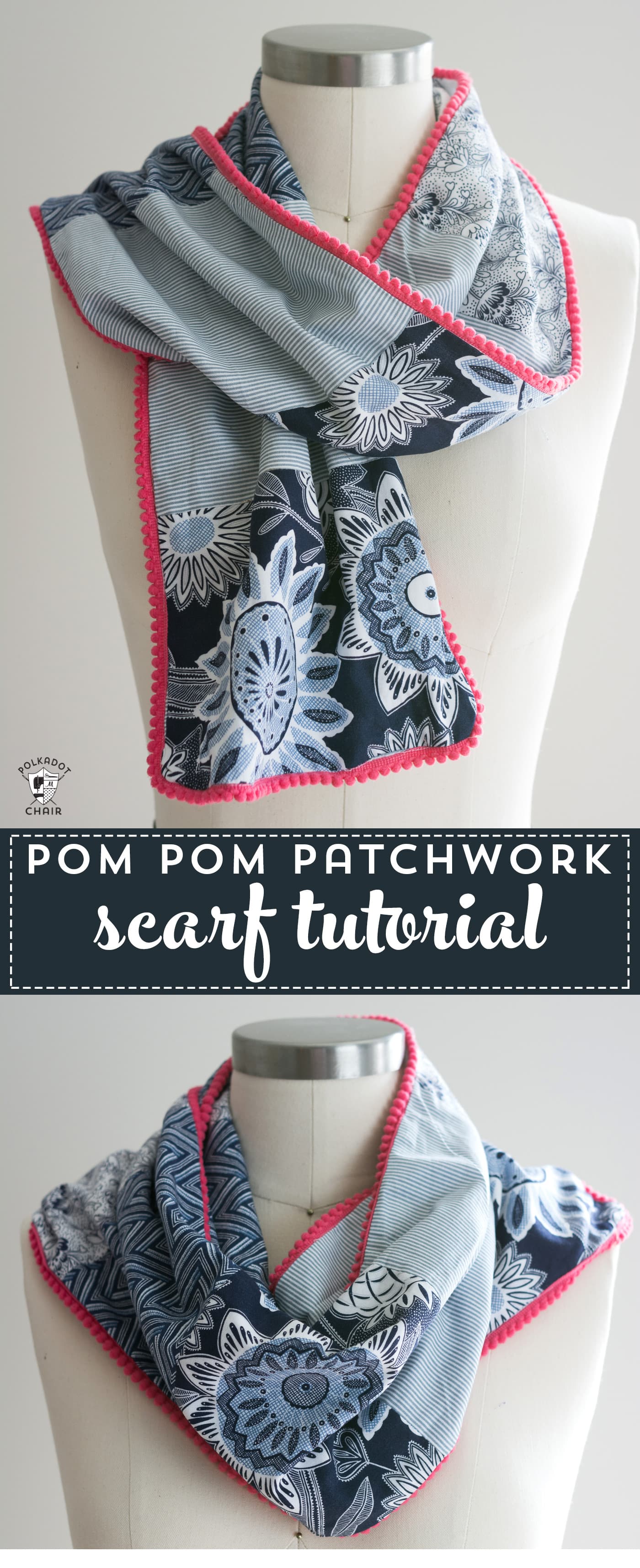 Pom Pom Patchwork Scarf Sewing tutorial - learn how to make a pom pom scarf - #sewingtutorial #scarftutorials #freesewingpatterns