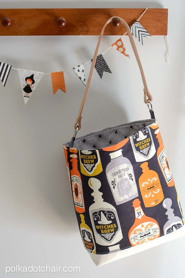 Trick or Treat Tote Bag hanging on wood hook