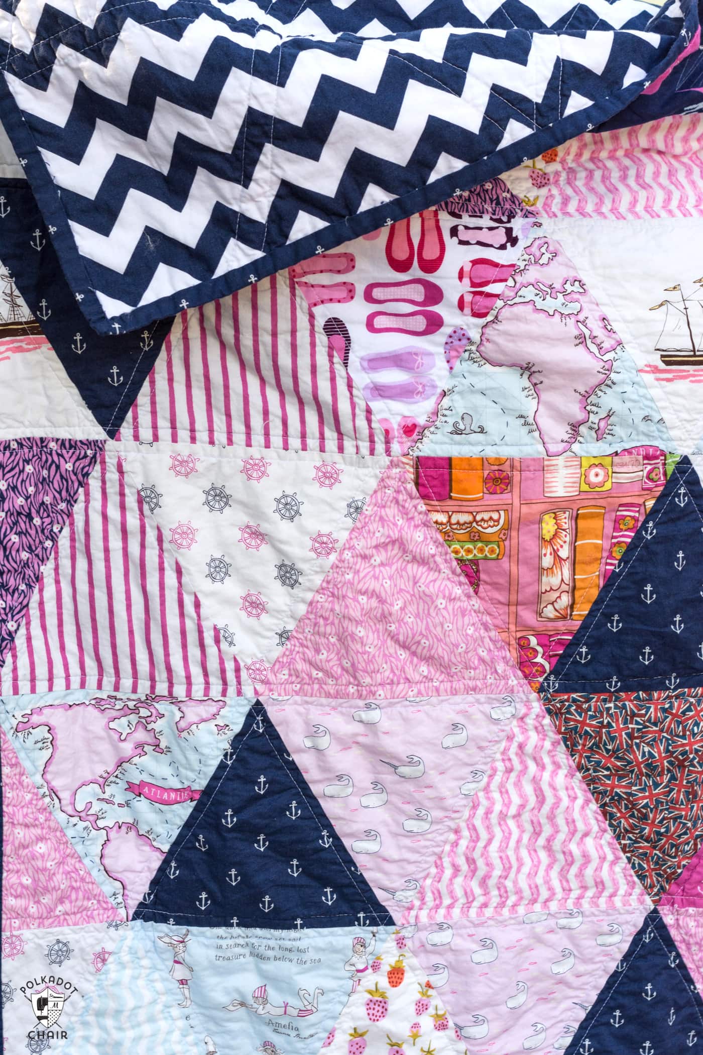 finished pink and blue triangle quilt