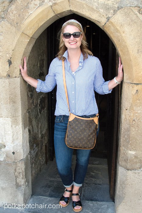 Woman standing doorway wearing DIY headband