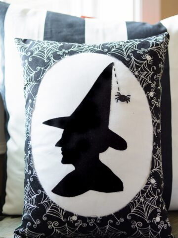 Black and white halloween pillow in front of window