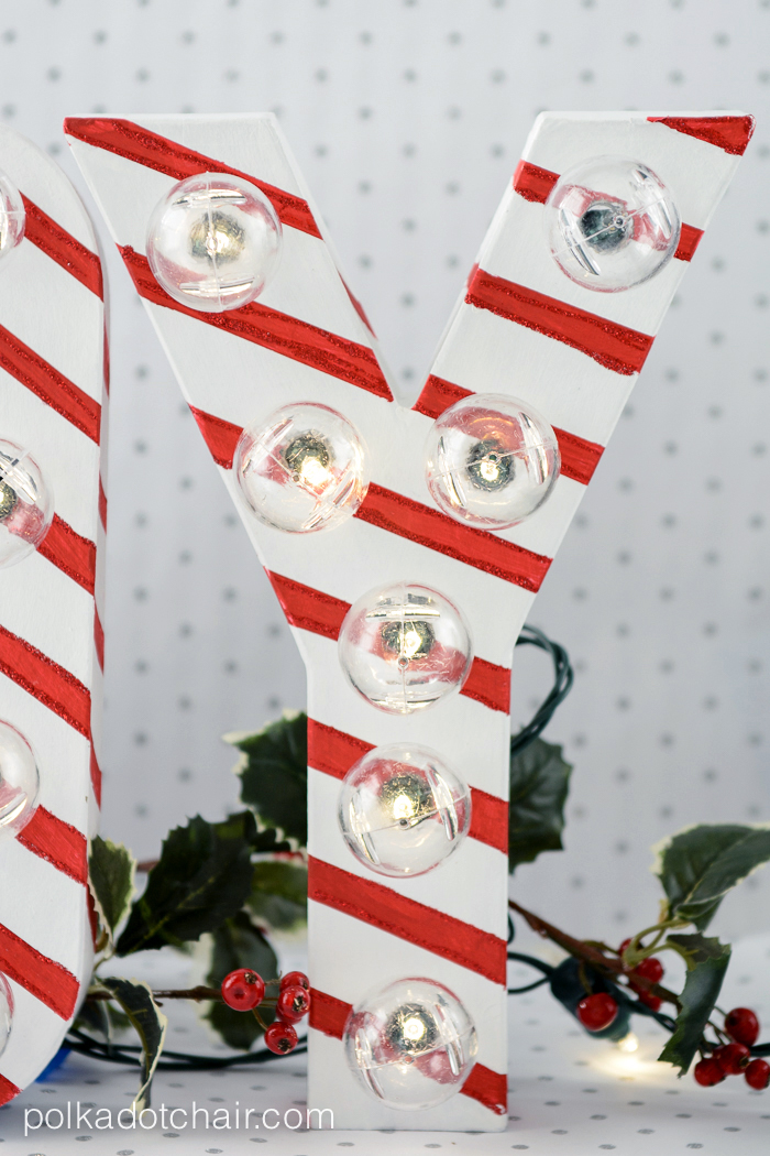 Candy Cane Stripe Christmas DIY Marquee Letters - cute Christmas Decorating Idea, they are made from paper mache letters, 