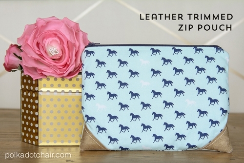 DIY Leather Trimmed Zippered Pouch Sewing Pattern and Tutorial. A great gift idea for a cute little travel bag for birthday or Christmas