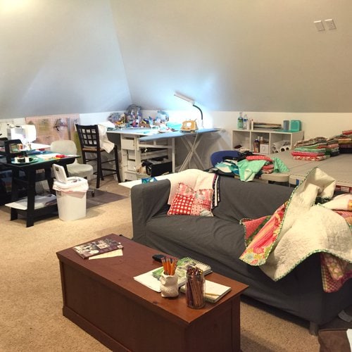 Sewing Room with grey couch