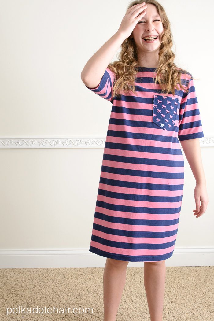 Sewing Tutorial to make a simple knit T-Shirt dress by Melissa Mortenson of PolkadotChair.com