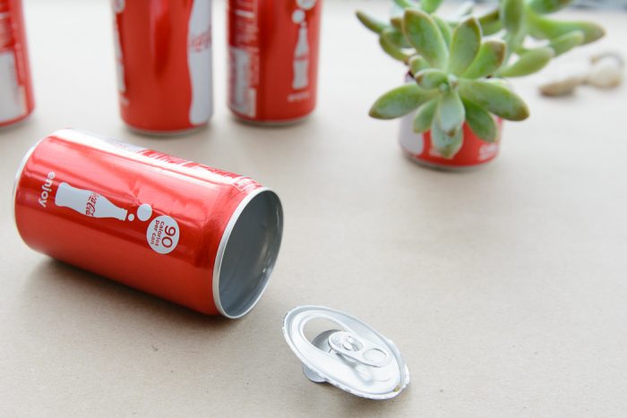 DIY Coke Can Succulent Planter- a clever way to recycle those cute mini coke cans