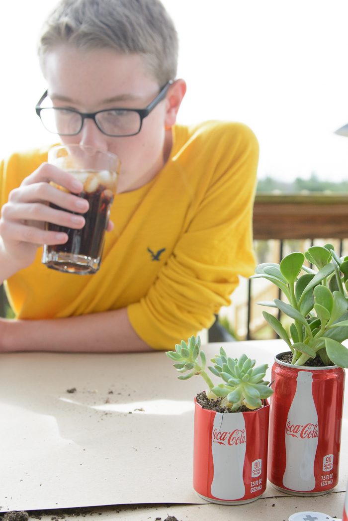 DIY Coke Can Succulent Planter- a clever way to recycle those cute mini coke cans