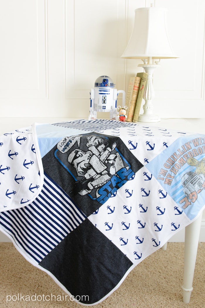 Upcycle your old or sentimental t-shirts into a receiving blanket for a new baby!