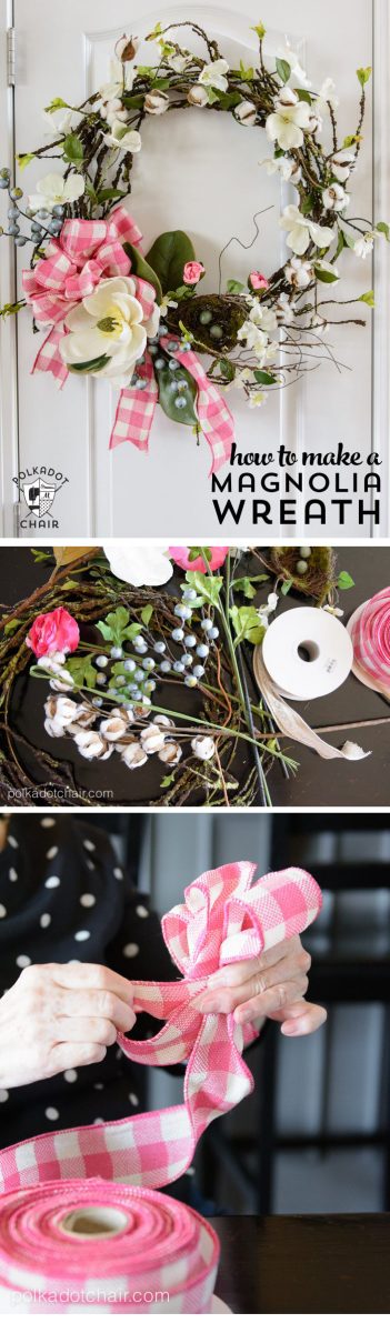 Make a Spring Wreath for your front door with this DIY Magnolia Wreath Tutorial. #wreathDIY #springwreath #MagnoliaWreath #MagnoliaHomeDIY