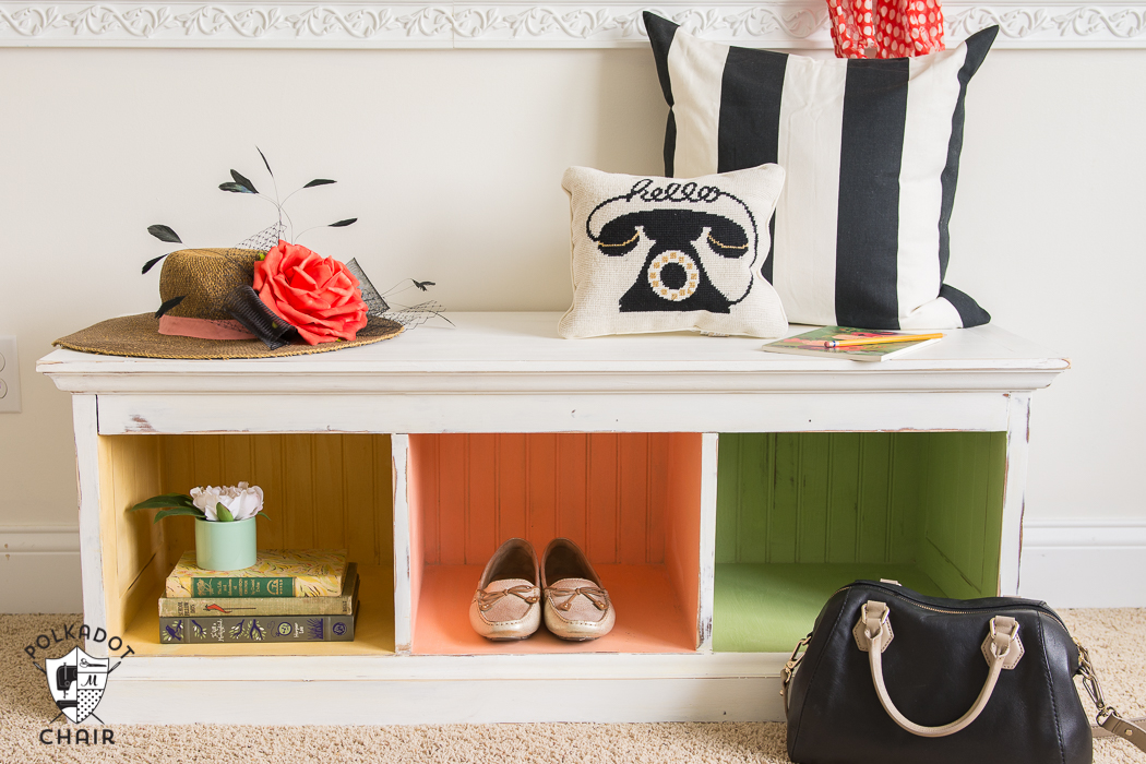 How to paint furniture using Chalky Finish paint. A colorful DIY makeover for an entryway bench!