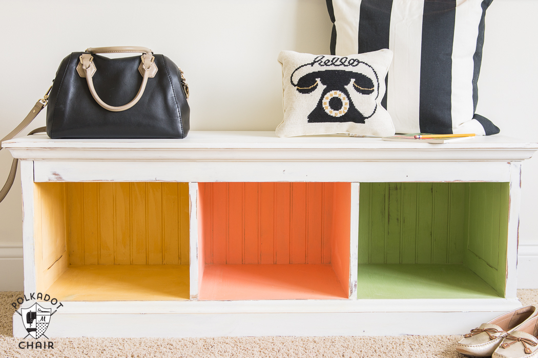 How to paint furniture using Chalky Finish paint. A colorful DIY makeover for an entryway bench!