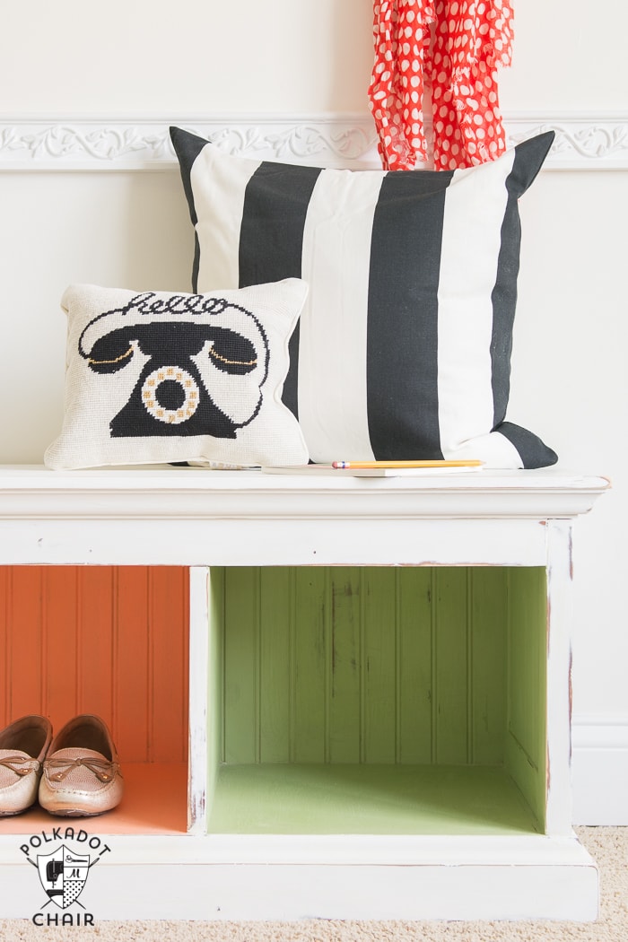 How to paint furniture using Chalky Finish paint. A colorful DIY makeover for an entryway bench!