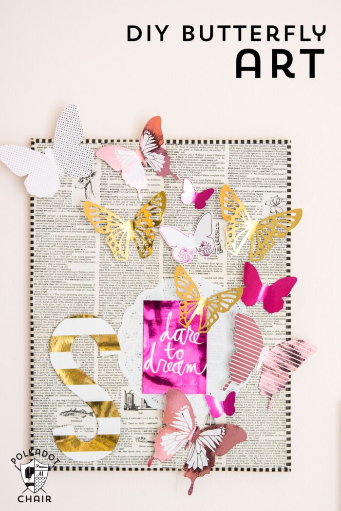 DIY Butterfly Artwork made with Heidi Swapp butterflies and foil machine.