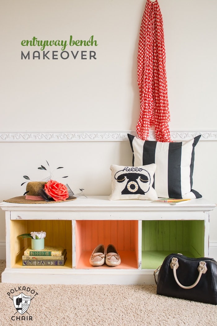 How to paint furniture using Chalky Finish paint. A colorful DIY makeover for an entryway bench!