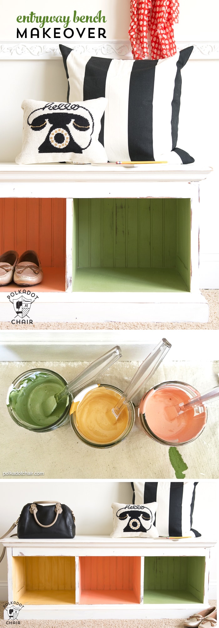 How to paint furniture using Chalky Finish paint. A colorful DIY makeover for an entryway bench!