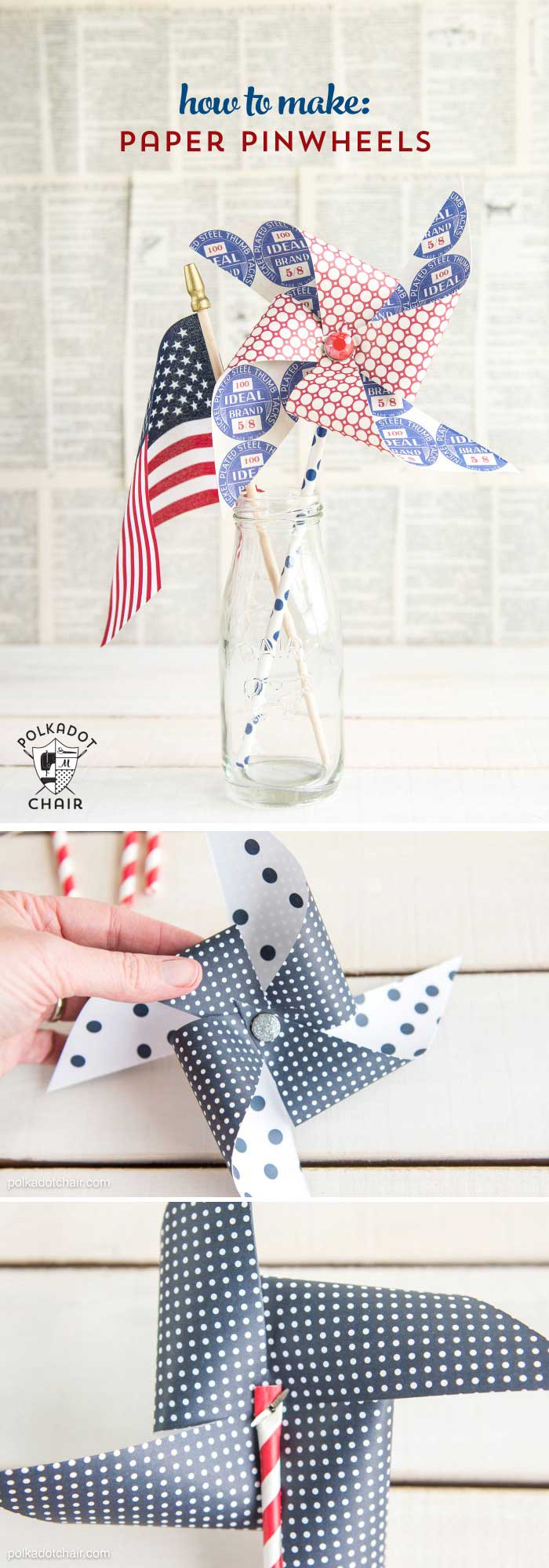 Cute tutorial on how to make a pinwheel using a paper straw. Great craft idea to decorate for the 4th of July.