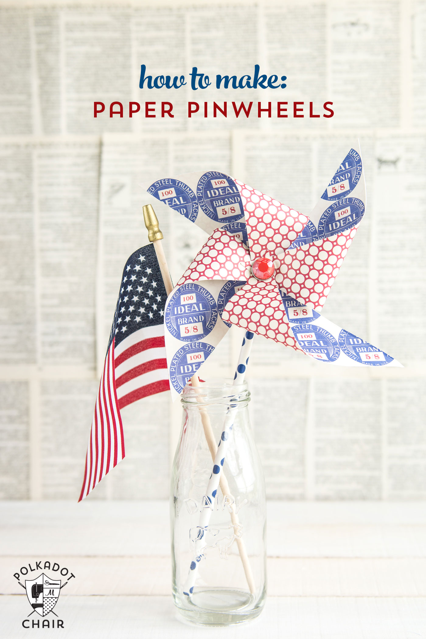 Cute tutorial on how to make a pinwheel using a paper straw. Great craft idea to decorate for the 4th of July.
