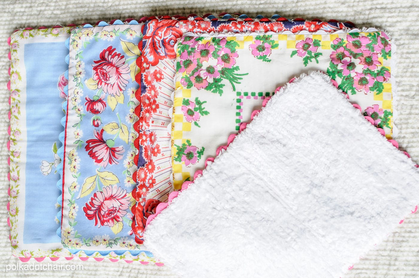 Sewing tutorial showing how to make baby burp cloths from vintage hankies 