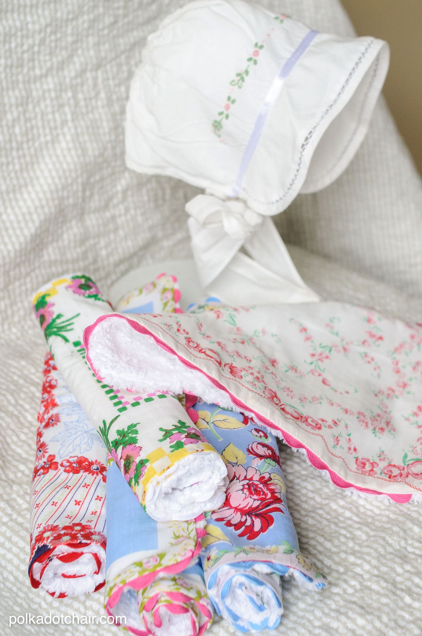 Sewing tutorial showing how to make baby burp cloths from vintage hankies