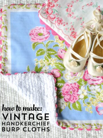 Sewing tutorial showing how to make baby burp cloths from vintage hankies