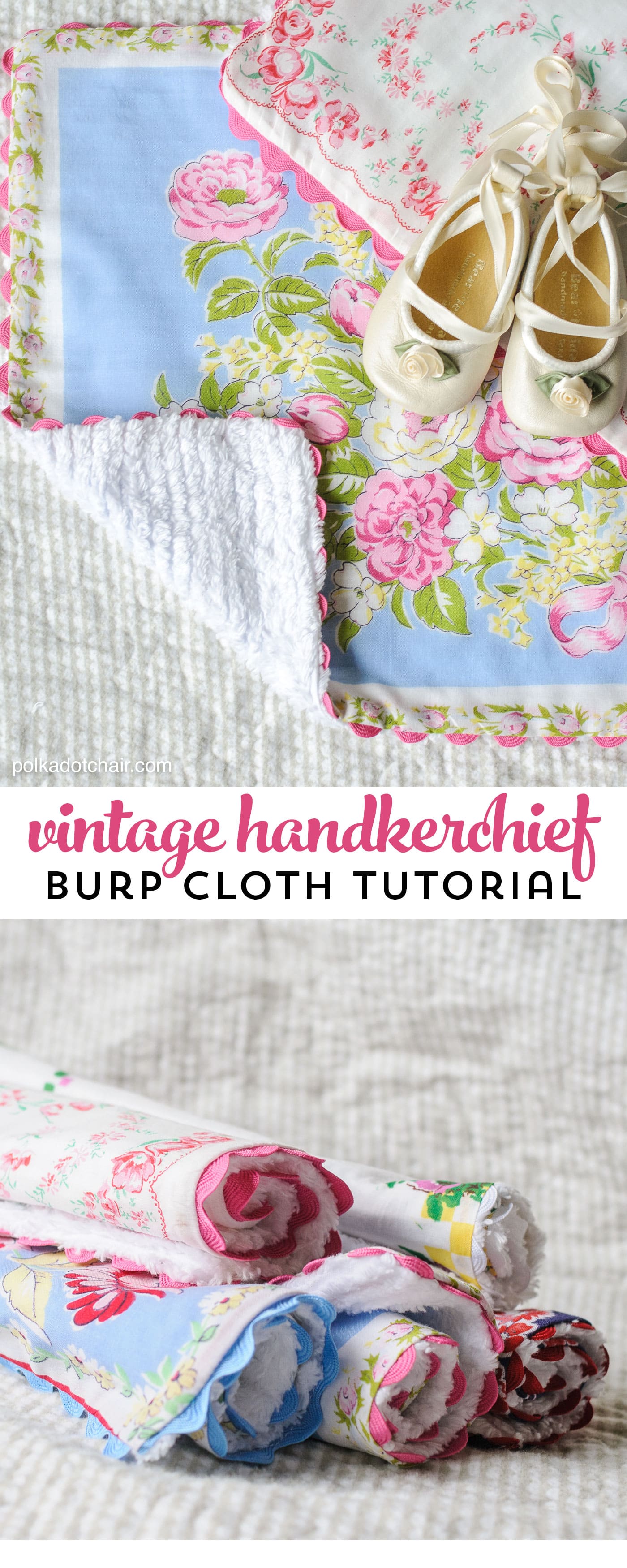 Sewing tutorial showing how to make baby burp cloths from vintage hankies 