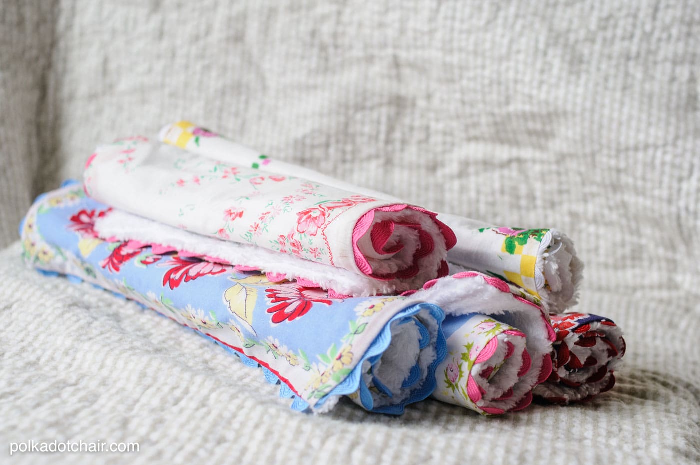 Sewing tutorial showing how to make baby burp cloths from vintage hankies 