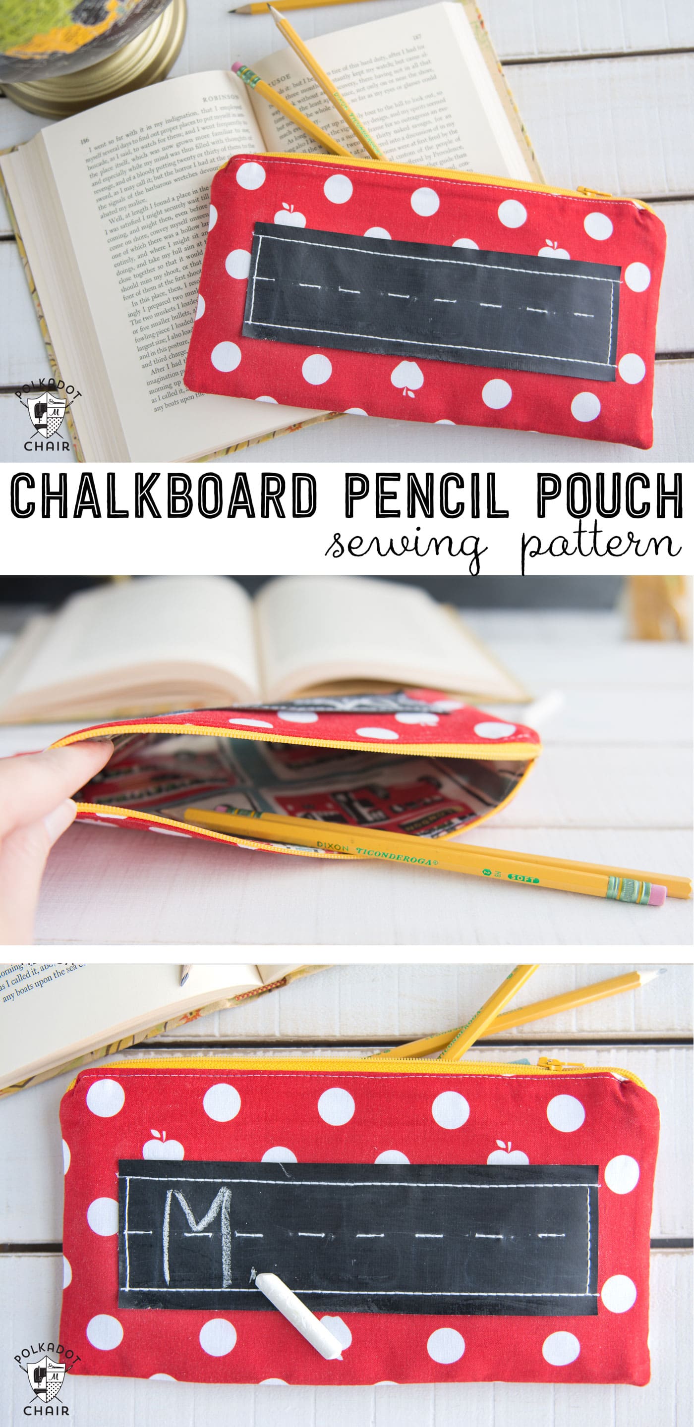 Cute pencil pouch sewing pattern, love the addition of chalkboard fabric to the front 