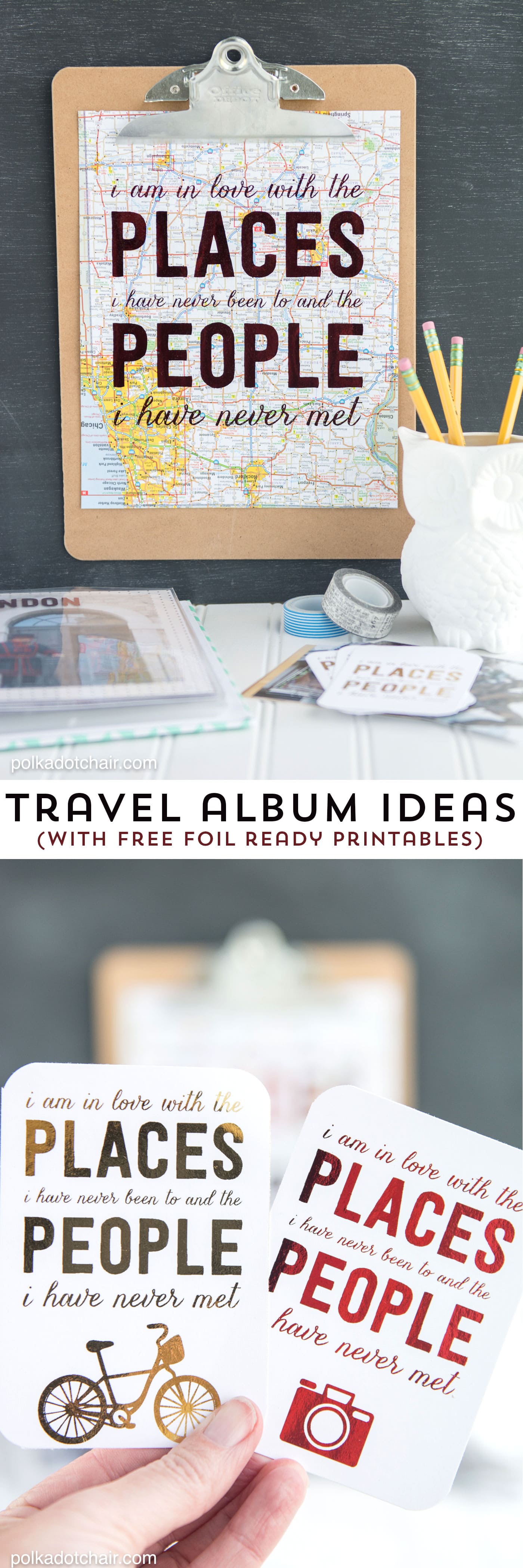 Free travel themed printables perfect to use with a foil applicator machine... lots of great travel scrapbooking ideas too.