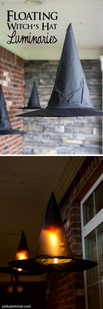 Clever decorating idea for a porch for Halloween, floating Witch's hat luminaries, they even light up at night!