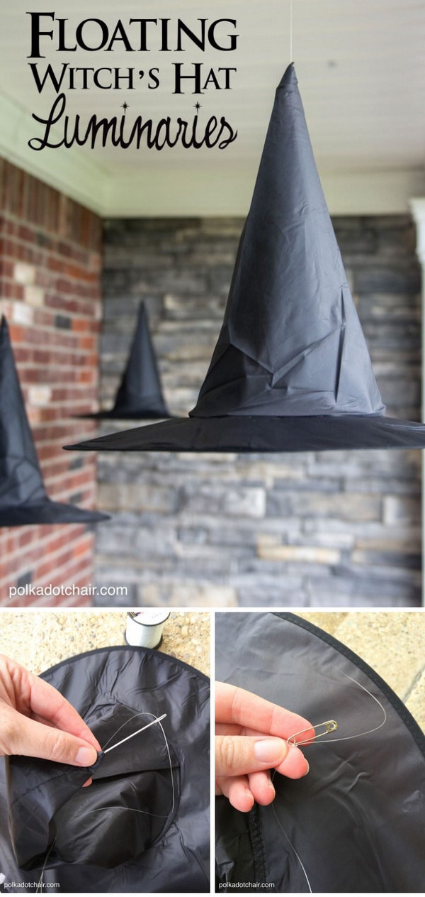 A clever decorating idea for a porch for Halloween, floating Witch's hat luminaries, they even light up at night!