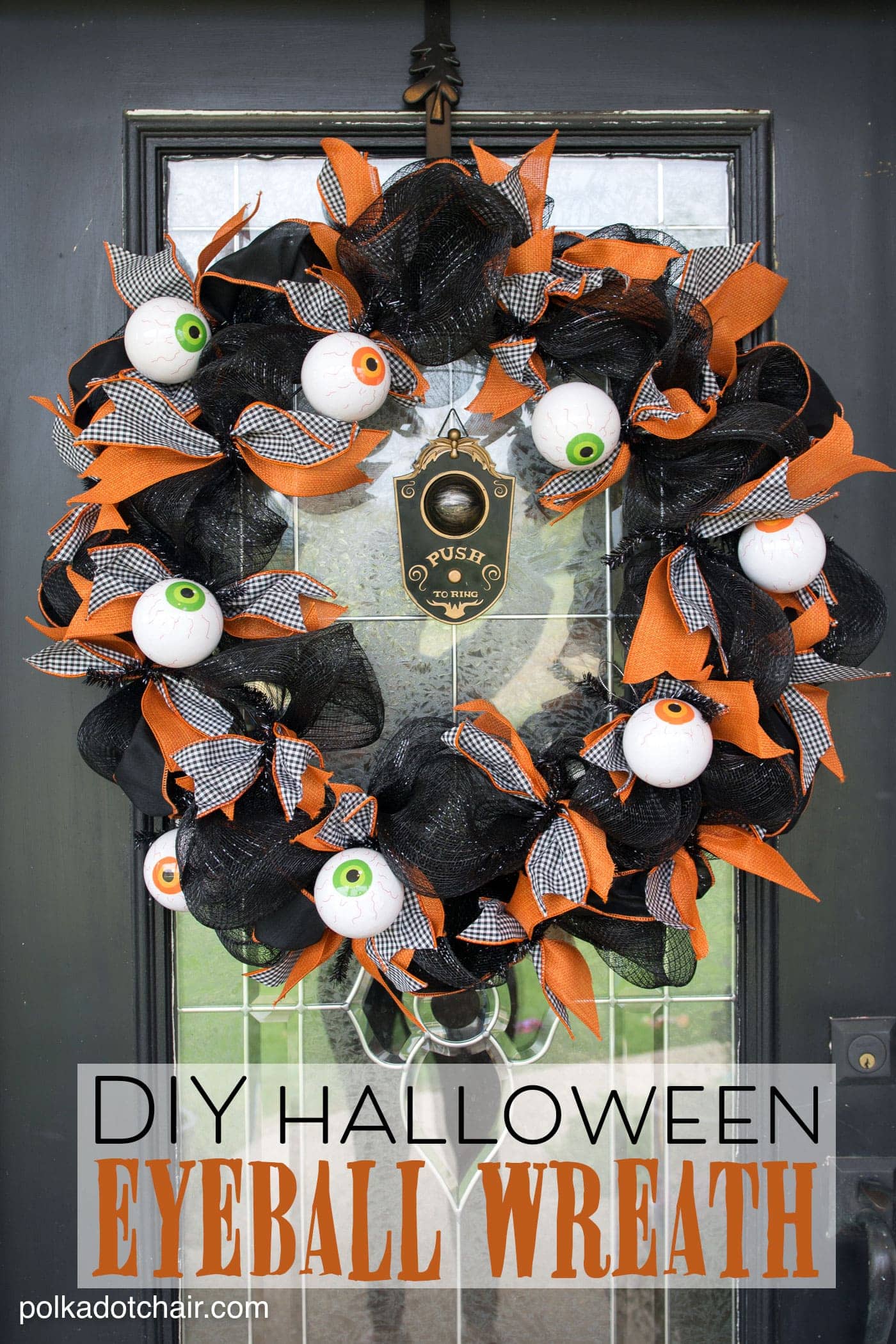 How to make a cute Halloween Eyeball wreath for your front door out of Geo Mesh and ribbon.