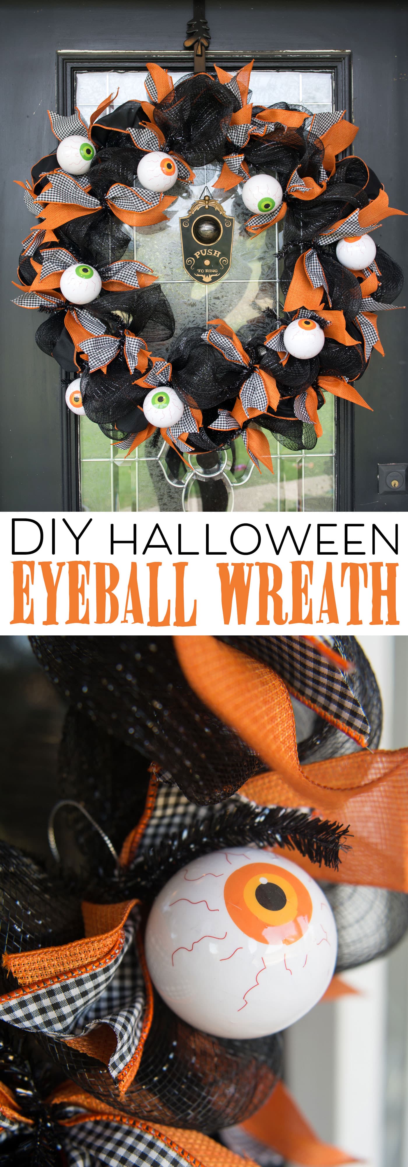 How to make a cute Halloween Eyeball wreath for your front door out of Geo Mesh and ribbon.